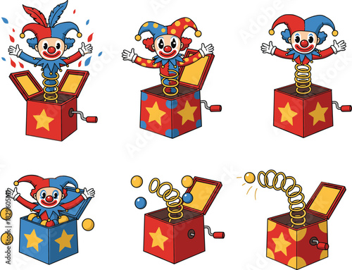 Colorful cartoon jack-in-the-box clowns jumping with springs, toy surprise concept for fun entertainment, circus, celebration, and kids party theme