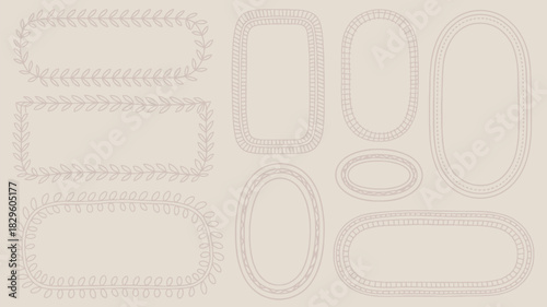 An array of decorative frames in various shapes and styles on a light beige background for design use