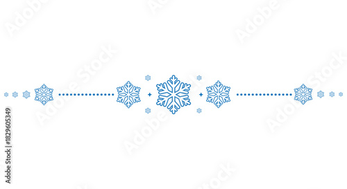 Decorative horizontal divider with blue snowflakes arranged around a central motif and dotted lines on a clean white background, perfect for winter invitations, greeting cards, web banners and holiday