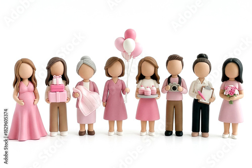 3D Figuren -  in rosafarbener Kleidung die zu einer Babyparty gekommen sind
