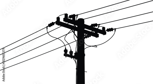 Silhouette of utility pole with multiple power lines, insulators and crossarm, overhead electrical distribution infrastructure, industrial urban utility network, vector illustration