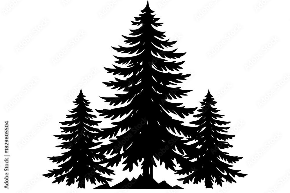 Obraz premium Black silhouette of three pine trees on white background evergreen