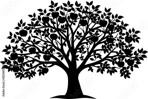 Black silhouette of a mature apple tree with ripe apples and green leaves on a white background fruit