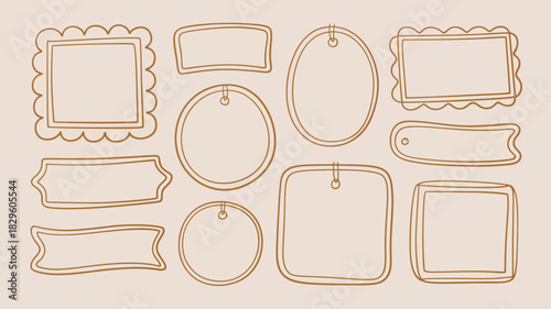 A collection of hand drawn frames and tags in various shapes with brown outlines on a cream background