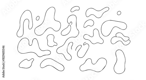 Abstract organic shapes and flowing lines scattered across a white canvas, creating a minimal, dynamic composition.