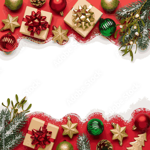 Create a Christmas Eve concept. Top view photo of present boxes with bows red green baubles gold star ornaments mistletoe and pine branches in snow vector art with white background.