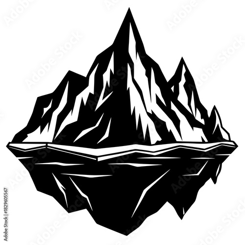 Black silhouette of an iceberg with reflection on white background black and white water