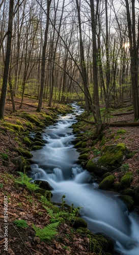 Serene forest stream: Capturing nature's tranquil beauty with soft cascading water in a wooded