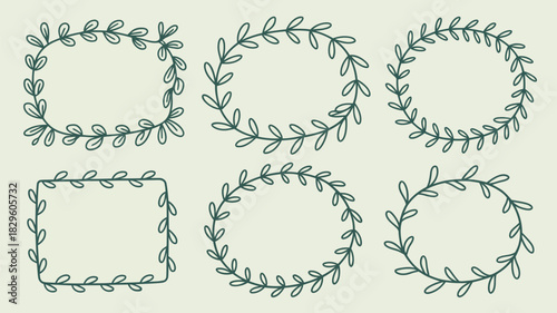Illustration of six botanical frames with leaves in different shapes on a light background color