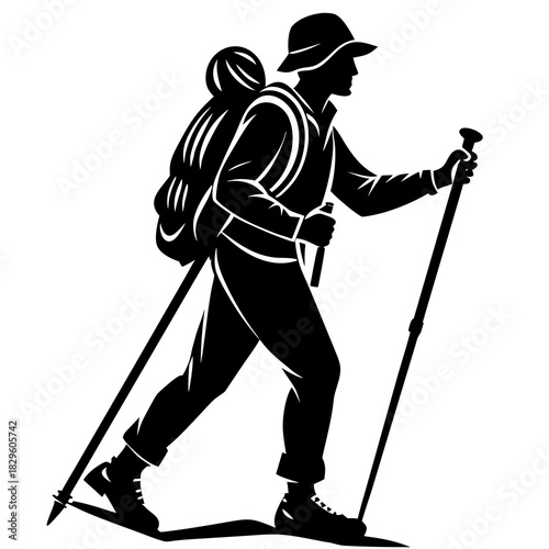 Black silhouette of a person hiking with a backpack and trekking poles vector