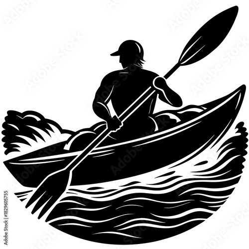 Black silhouette of a person in a kayak paddling through waves kayaking