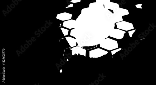 Abstract shattered glass pattern with white fragments on black background, high contrast mosaic design.