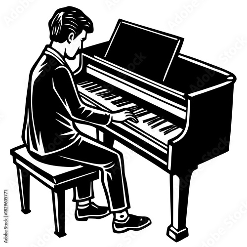 Black and white vector illustration of a man in a suit playing a grand piano music