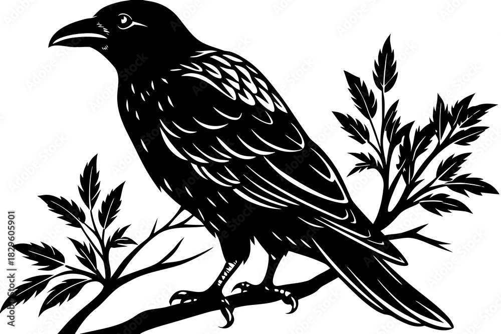 Naklejka premium Black silhouette of a raven perched on a branch with leaves crow bird