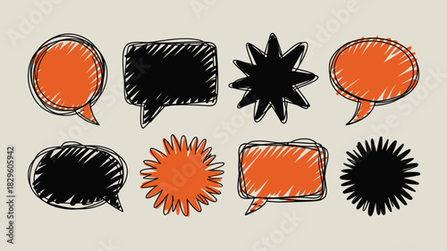 Doodle style speech bubbles and starburst shapes in black and orange on a beige background design
