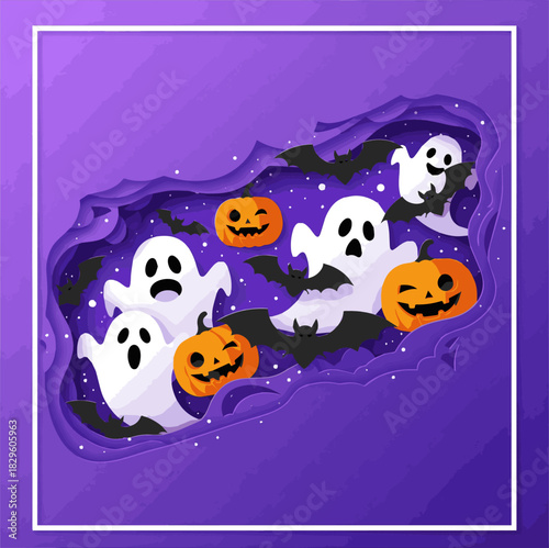 Create a creative Halloween themed display featuring cutout elements of ghosts, bats, and pumpkins on a vibrant purple vector art with white background..