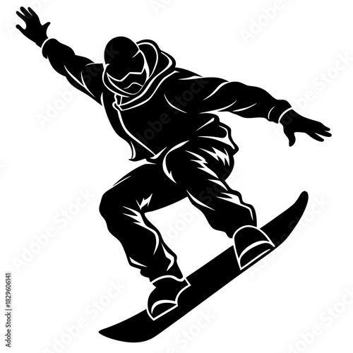 Black silhouette of a snowboarder in mid-air performing a trick black and white winter sports