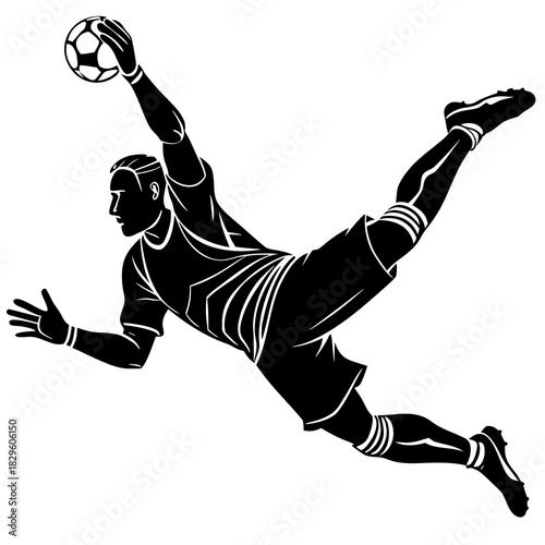 Black silhouette of a soccer goalie diving to catch a ball football goalkeeper