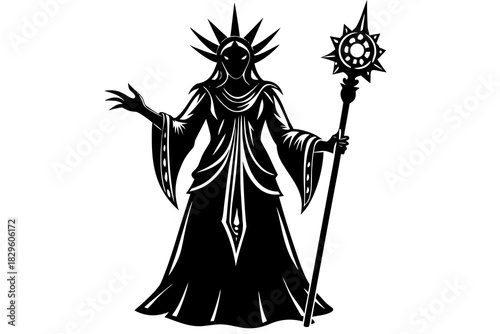 Black silhouette of a sorceress with a spiky crown and staff on a white background sorceress silhouette