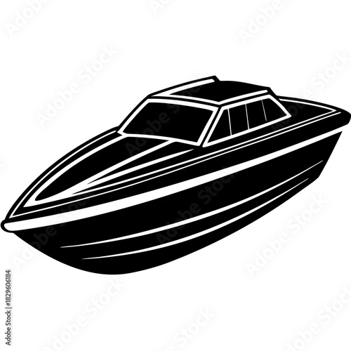 Black silhouette of a sleek speedboat with white accents on a white background speedboat silhouette black and white