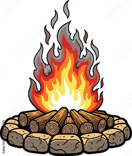 Create a kinds of deferent campfire set campfire, fire flame, fire blast, stacked wood logs and stone fireplace vector art with white background..