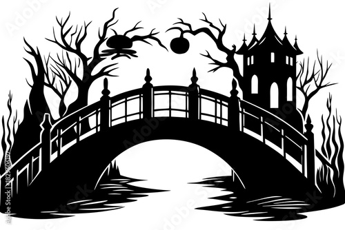 Black silhouette of a spooky arched bridge with bare trees and a gothic building white