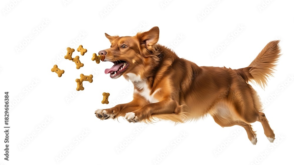 Naklejka premium Excited Dog Catching Treats Mid-Air on White Background.