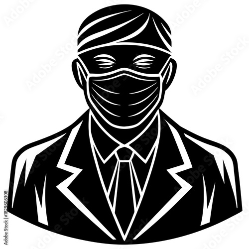 Black and white silhouette of a surgeon wearing a surgical mask and suit medical healthcare