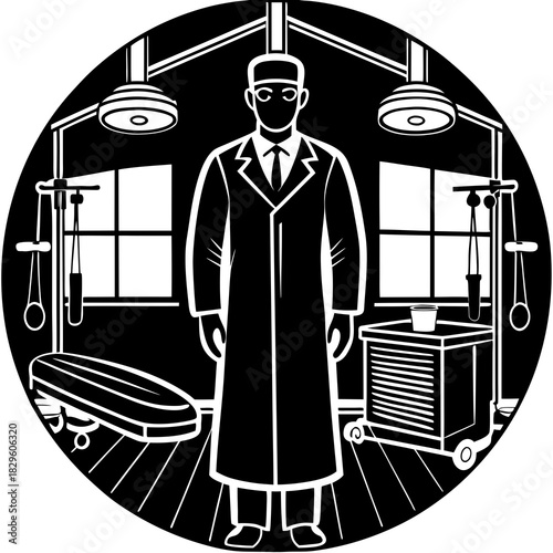 Black and white vector illustration of a surgeon standing in an operating room with medical equipment