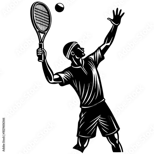 Black silhouette of a male tennis player serving a ball with a racket vector