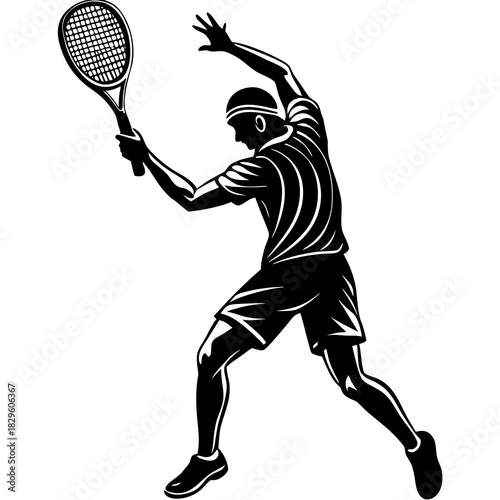 Black silhouette of a tennis player in motion with racket black and white sport