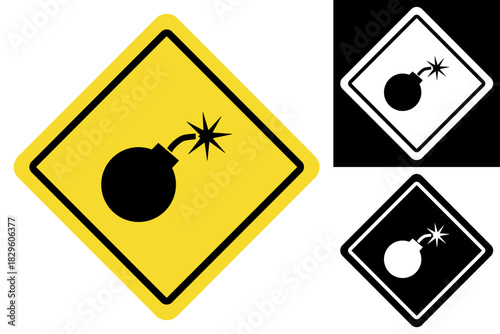 Abstract Warning Sign with Exploding Bomb Icon Indicating Danger, Threat, or Hazardous Situation. A Safety Alert Symbol for Risk and Security Concerns, featuring variations in yellow, black, and white