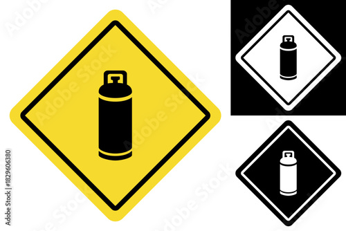 Safety warning sign illustrating a gas tank, signifying caution around compressed air, propane, or other industrial gases due to pressure or flammability risks