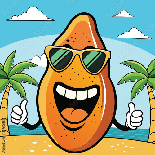 Cartoon papaya character with sunglasses on a beach