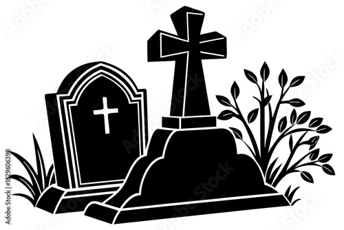 Black silhouette of a tombstone with cross and plants on white background gravestone cemetery