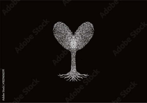 A stylized white tree featuring a heart-shaped crown made of fingerprints and detailed roots on a black background.