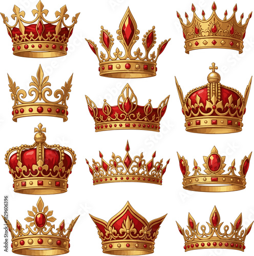 Create a kinds of deferent elegant luxury gold red crown vector art with white background.