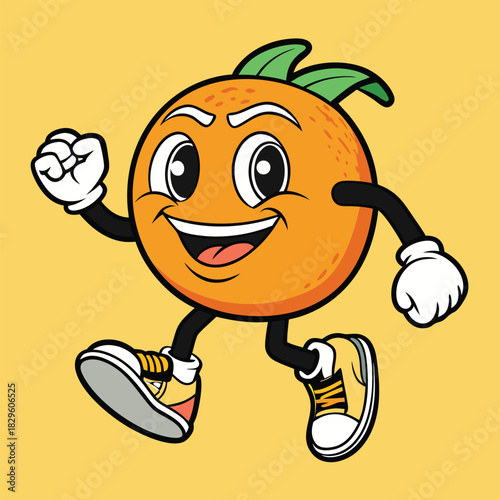 Cartoon orange character running happily with green leaves