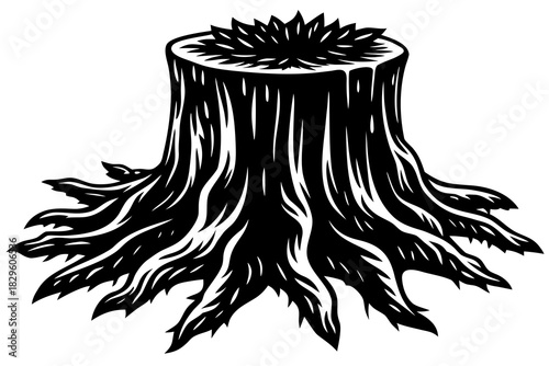 Black silhouette of a tree stump with detailed roots and jagged top on white background black and white