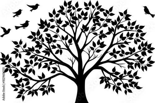 Black silhouette of a tree with leaves and flying birds on a white background vector
