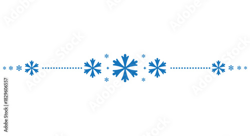 Decorative horizontal divider with blue snowflakes arranged around a central motif and dotted lines on a clean white background, perfect for winter invitations, greeting cards, web banners and holiday
