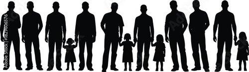 Silhouette of men and girls holding hands, black vector illustration, family protection, generational bond, human posture study