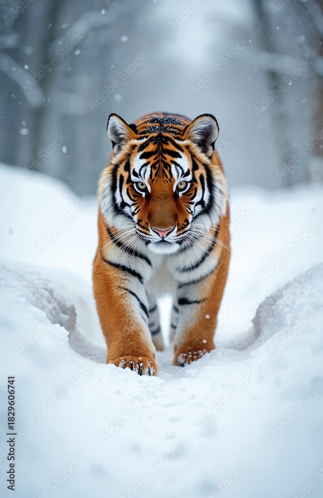 Obraz premium Siberian tiger walks through snow. Large feline predator with orange black stripes. Winter forest snowdrifts. Big cat face close up. Wild animal in natural habitat.