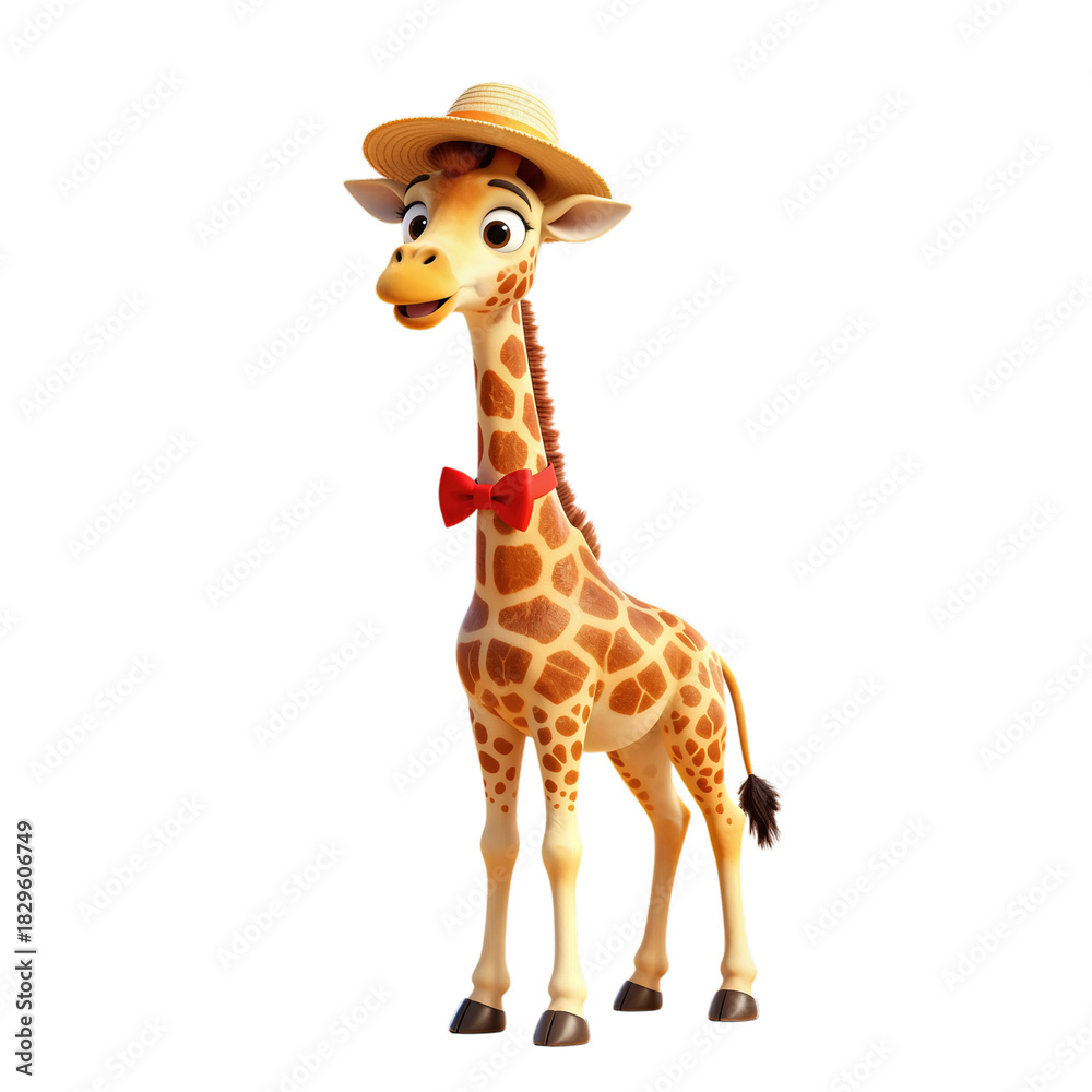Obraz premium Cute Cartoon Giraffe with Straw Hat and Red Bow