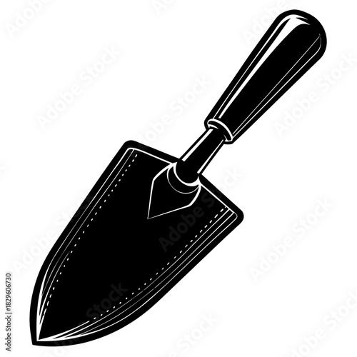 Black silhouette of a garden trowel with white outlines on a white background garden tool gardening