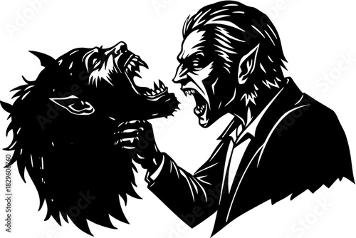 Black silhouette of a vampire with fangs biting a werewolf head monster horror