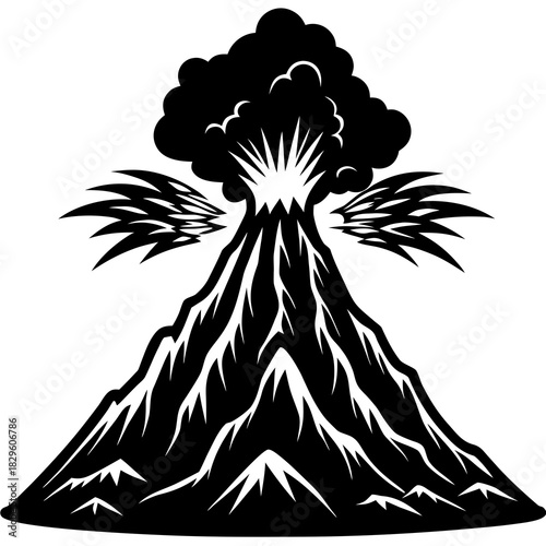 Black silhouette of an erupting volcano with smoke and lava streams eruption black and white