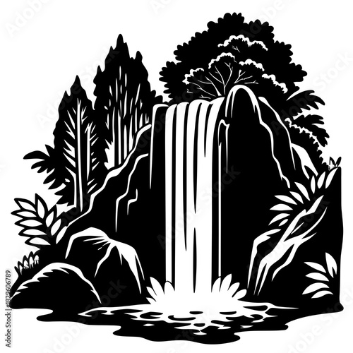 Black and white silhouette illustration of a cascading waterfall surrounded by trees and rocks nature