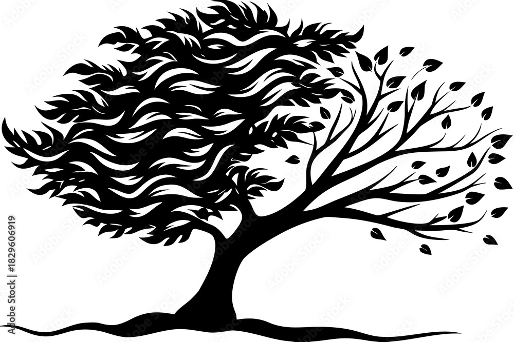 Obraz premium Black silhouette of a stylized tree with flowing branches and leaves on a white background tree silhouette