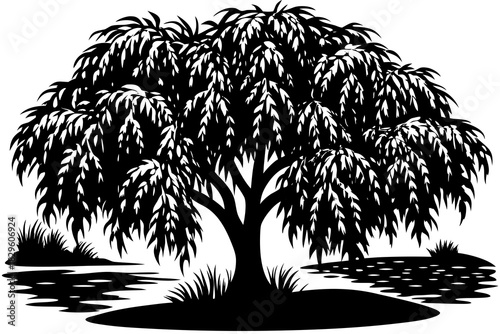 Black silhouette of a weeping willow tree with drooping branches by a body of water with grass black and white